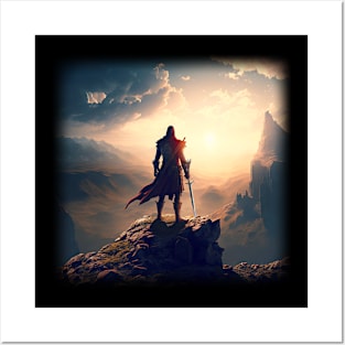 warrior fighter soldier holding a sword in a battle standing on a mountaintop looking at a valley - Fantasy Illustration -  Christian Posters and Art